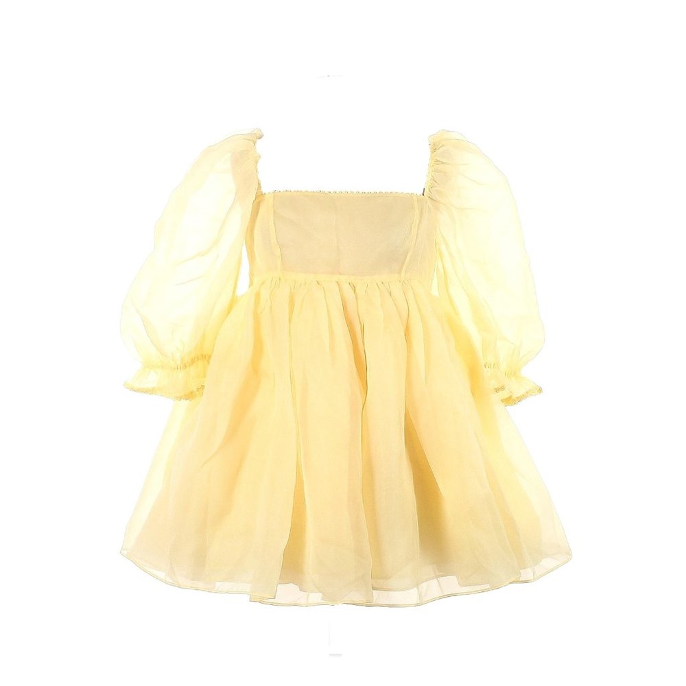 NWT Selkie Lace Trim Puff in Banana Yellow Sheer Organza Mini Dress L